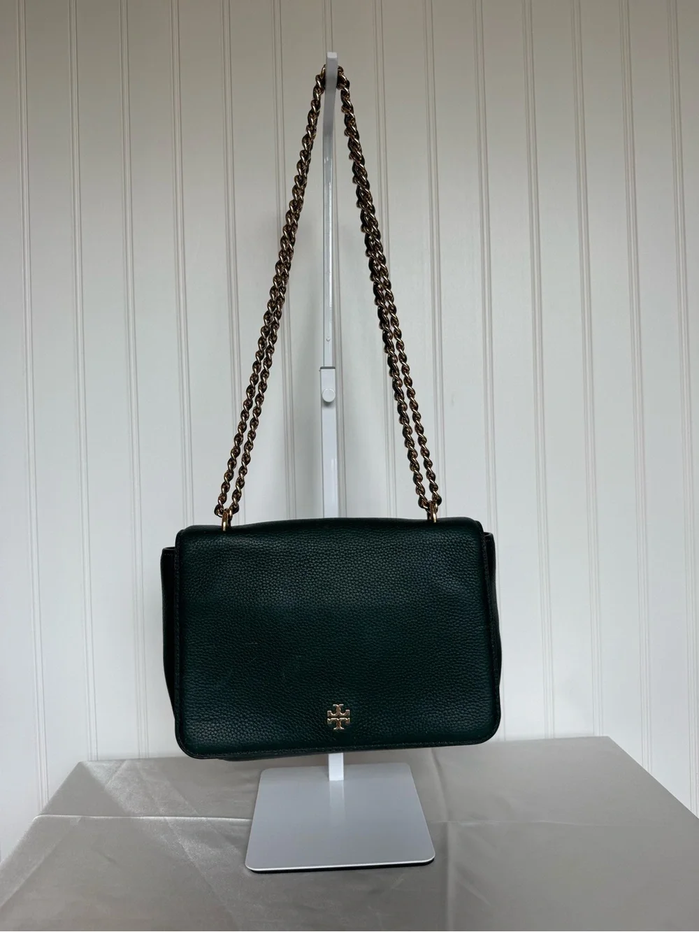 Tory Burch Miller Forest Green Pebbled Leather Chain Shoulder Bag 2019